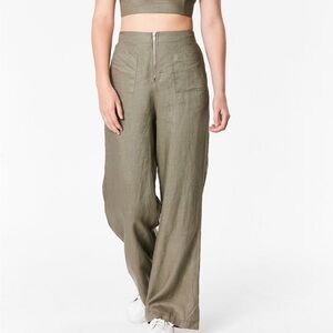 Seek The Label 100% Linen Pants Dark Green with Front Zipper and Pockets Small